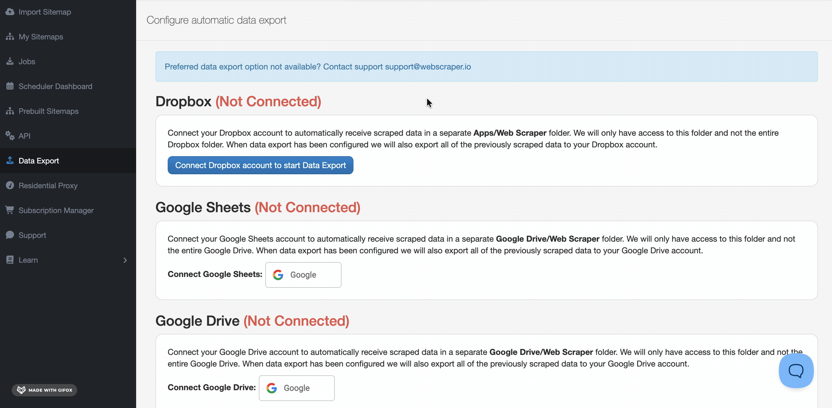 WebScraper.io automated export destinations