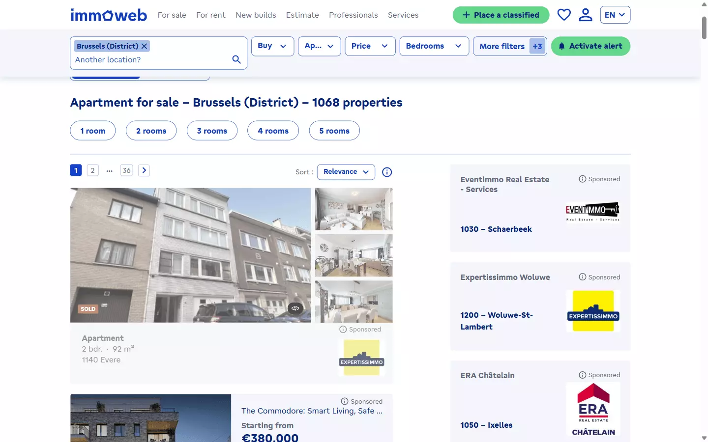 Immoweb search results with filters applied