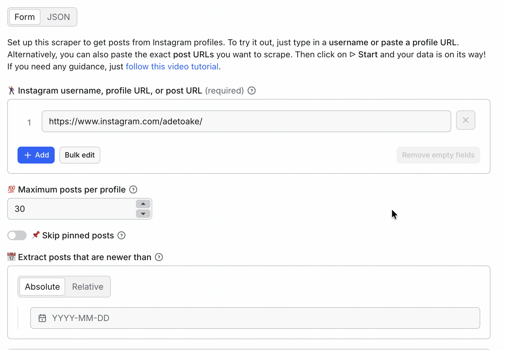 Apify Instagram Post Scraper settings — max posts, skip pinned posts, date filter, and data detail level