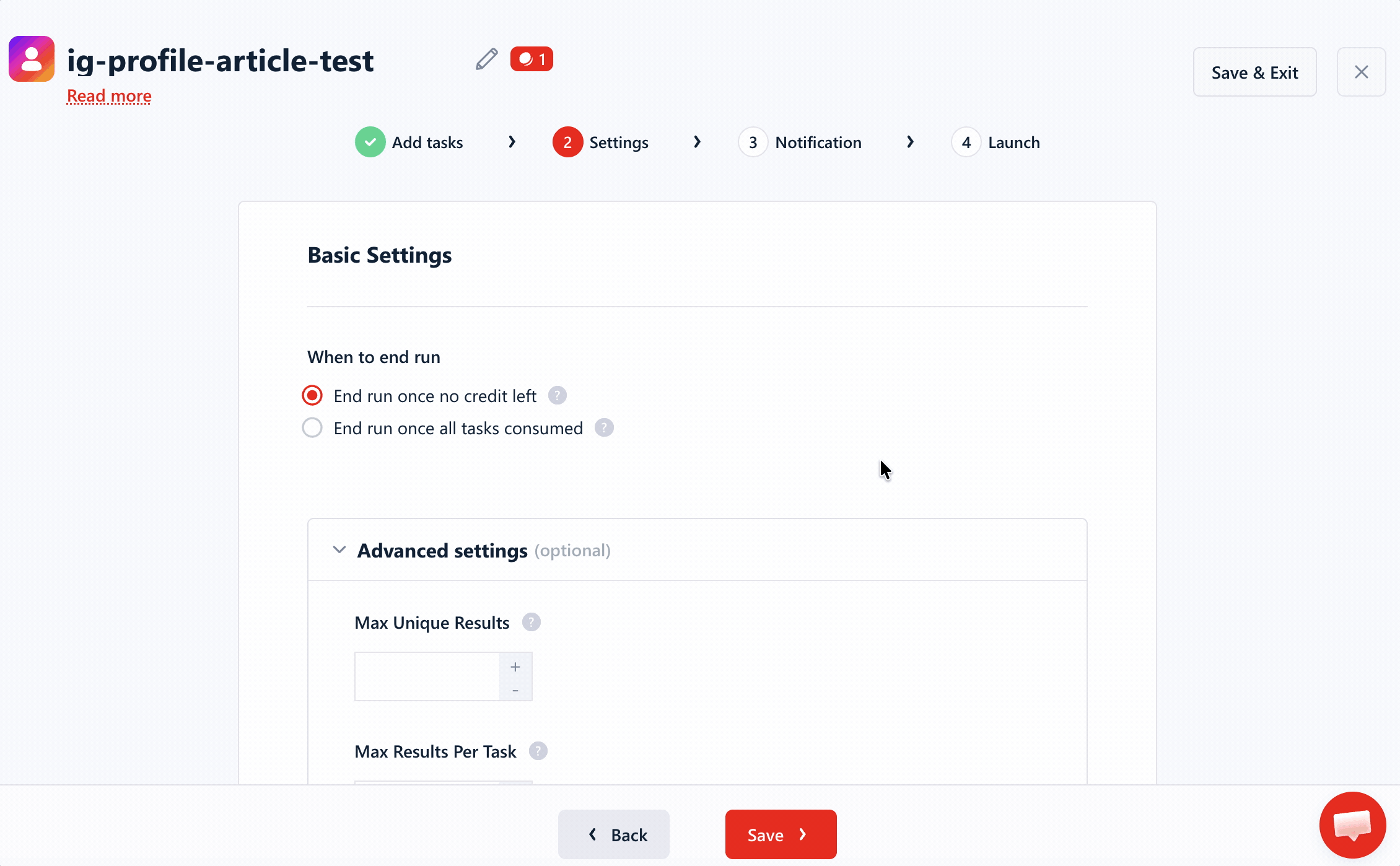lobstr.io advanced settings, max unique results, max results per task, slots, unique results, no line breaks