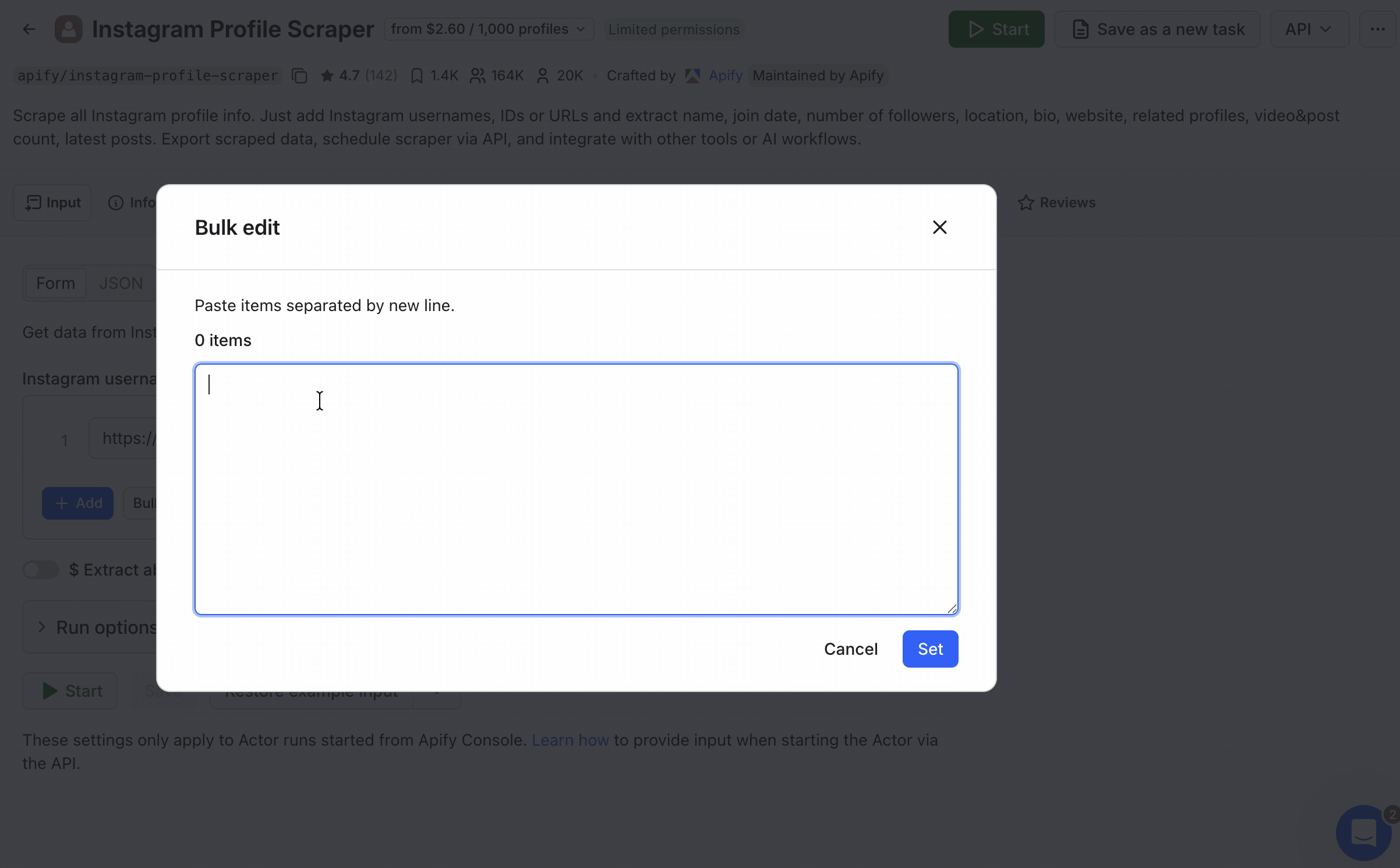 Apify bulk username array input