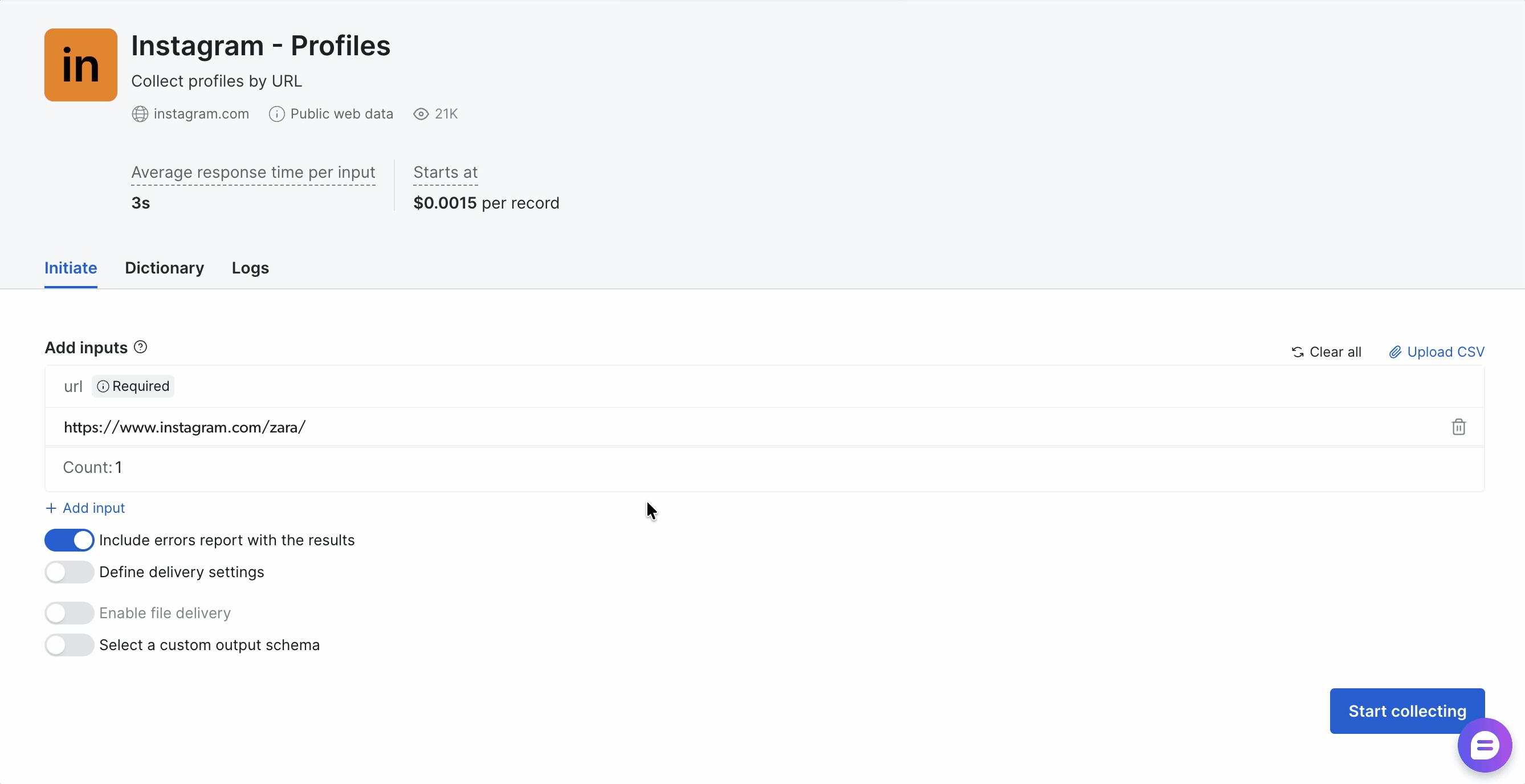 Bright Data input options with error report and delivery settings