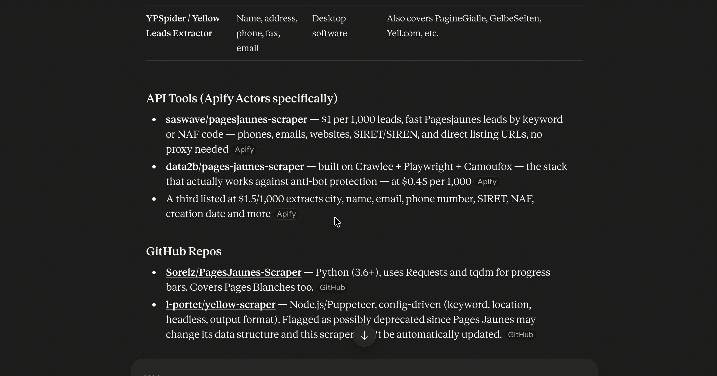 AI tool recommendations for PagesJaunes scrapers