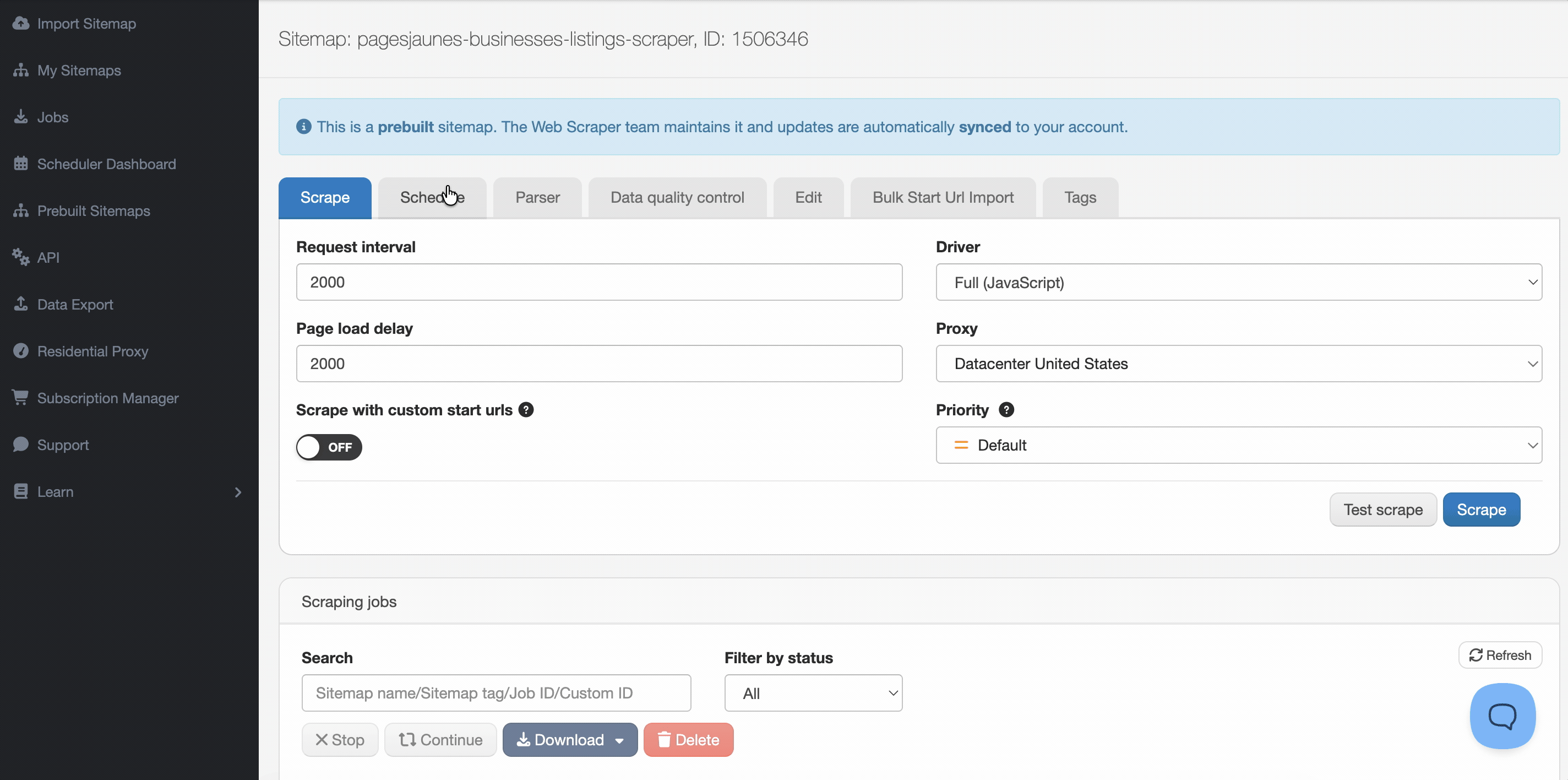 WebScraper.io dashboard tabs
