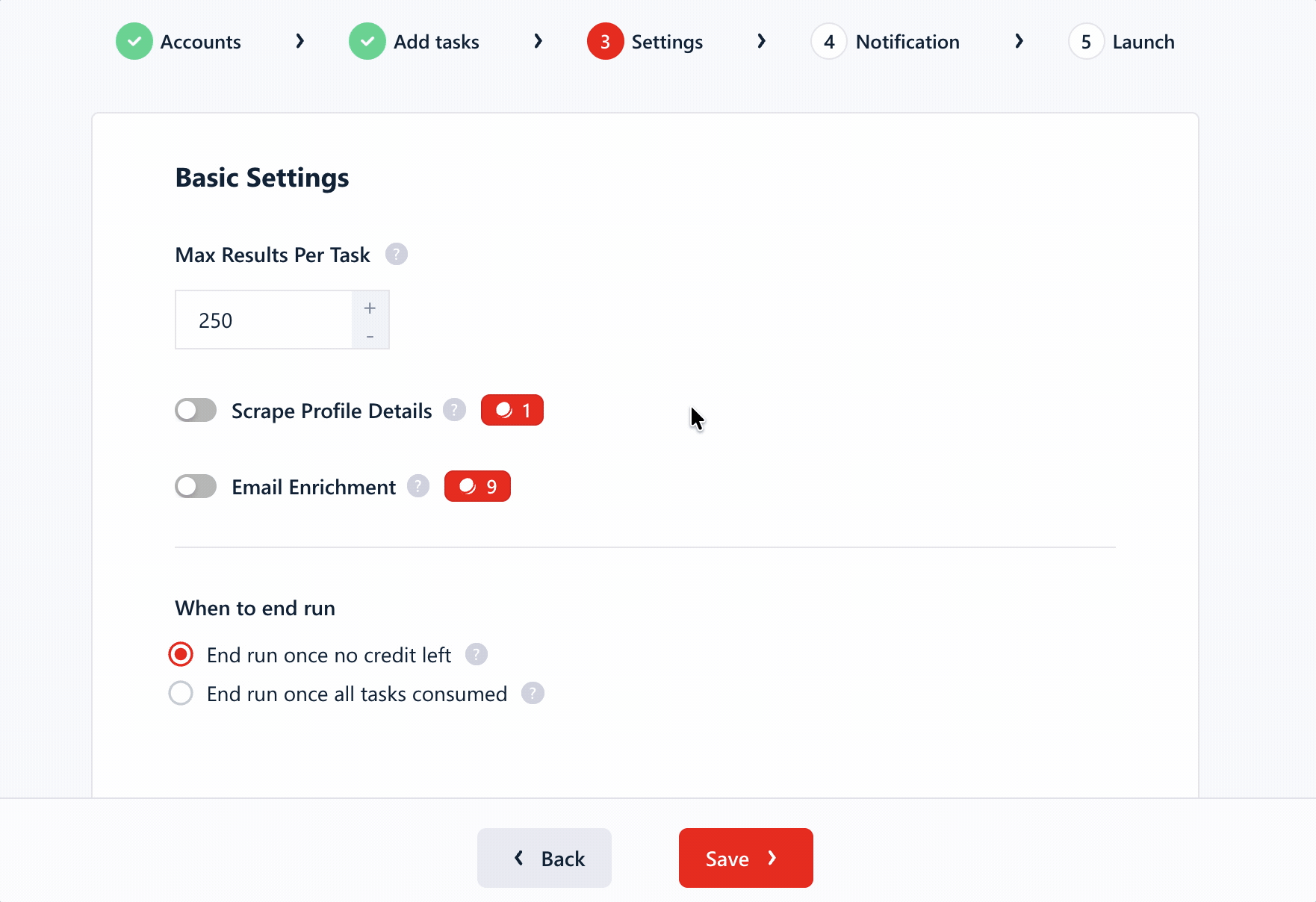 lobstr.io scraper settings including result limit, deduplication and enrichment toggles