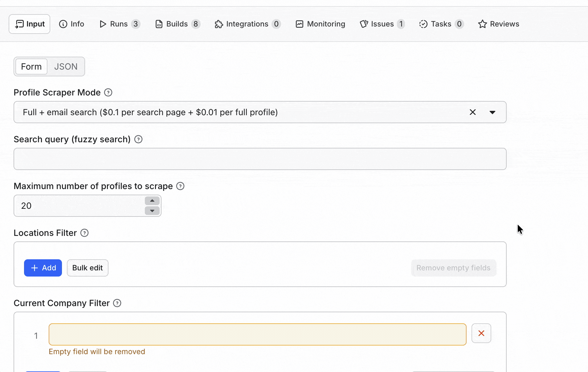 HarvestAPI search filters covering title, company, industry, seniority and exclusions