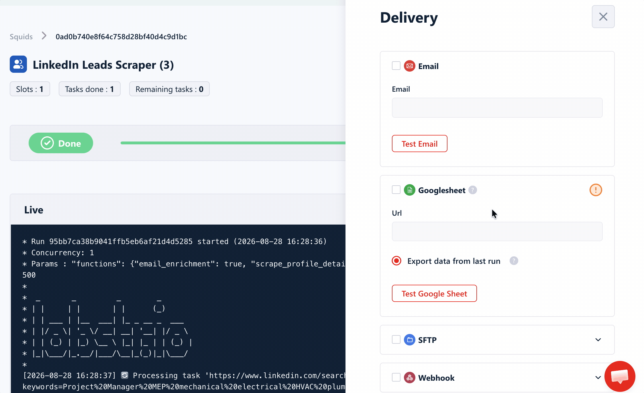 lobstr.io delivery options: Google Sheets, S3, SFTP, email and webhooks