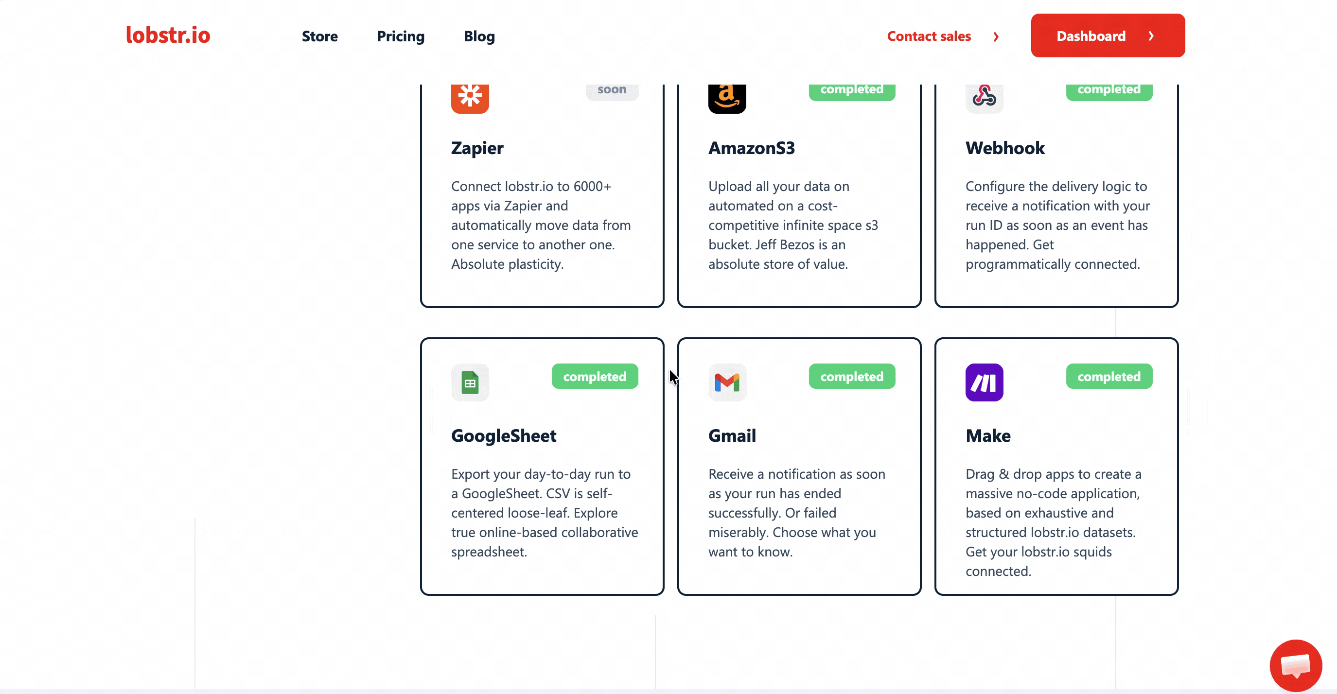 lobstr.io integration options: Google Sheets, Amazon S3, SFTP, webhooks, Gmail, Slack, Make and more