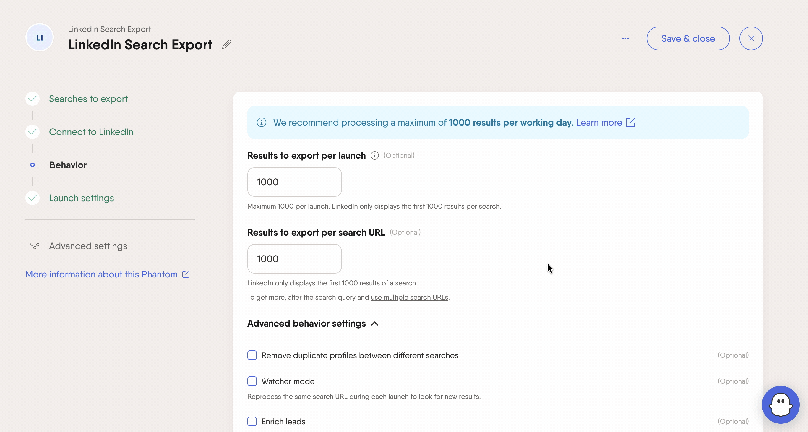 PhantomBuster behavior settings: results per launch, deduplication, watcher mode and enrichment