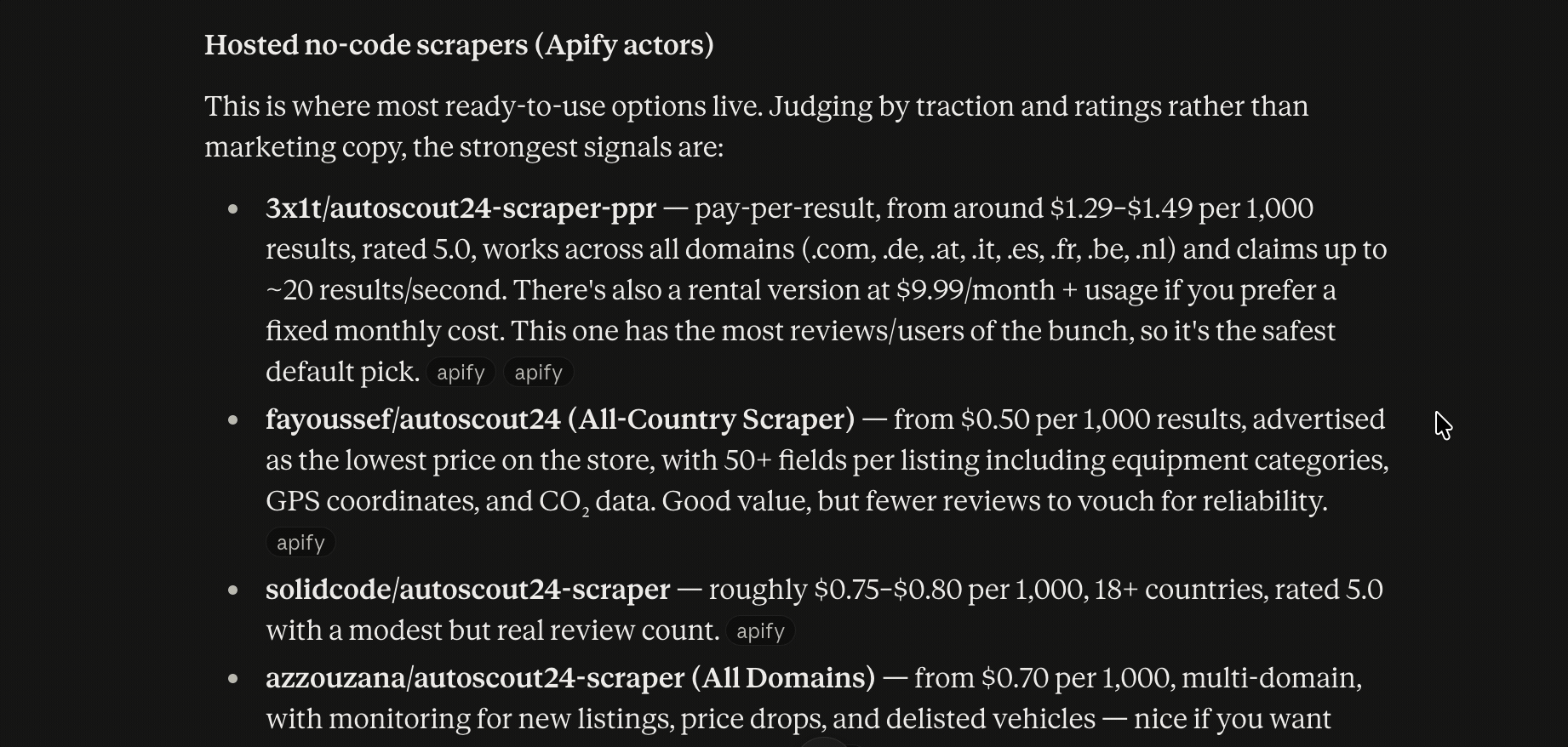 Longlist der vor dem Test berücksichtigten AutoScout24-Scraping-Tools