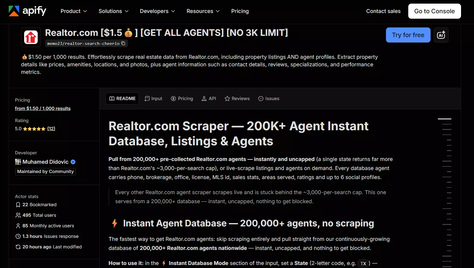 The memo23 realtor-search-cheerio actor on Apify: 5.0 rating, 12 reviews, 85 monthly active users, community-maintained