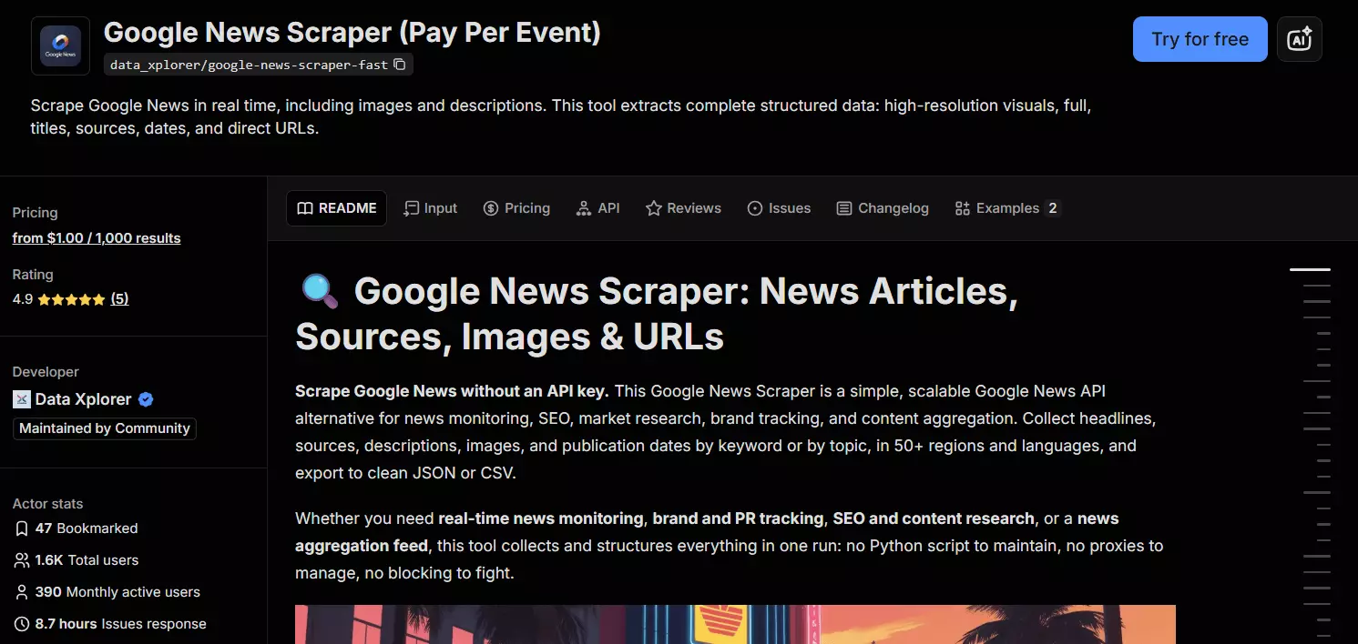 3. Apify data_xplorer Google News Scraper Fast