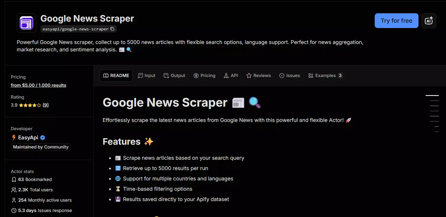 4. Apify easyapi Google News Scraper