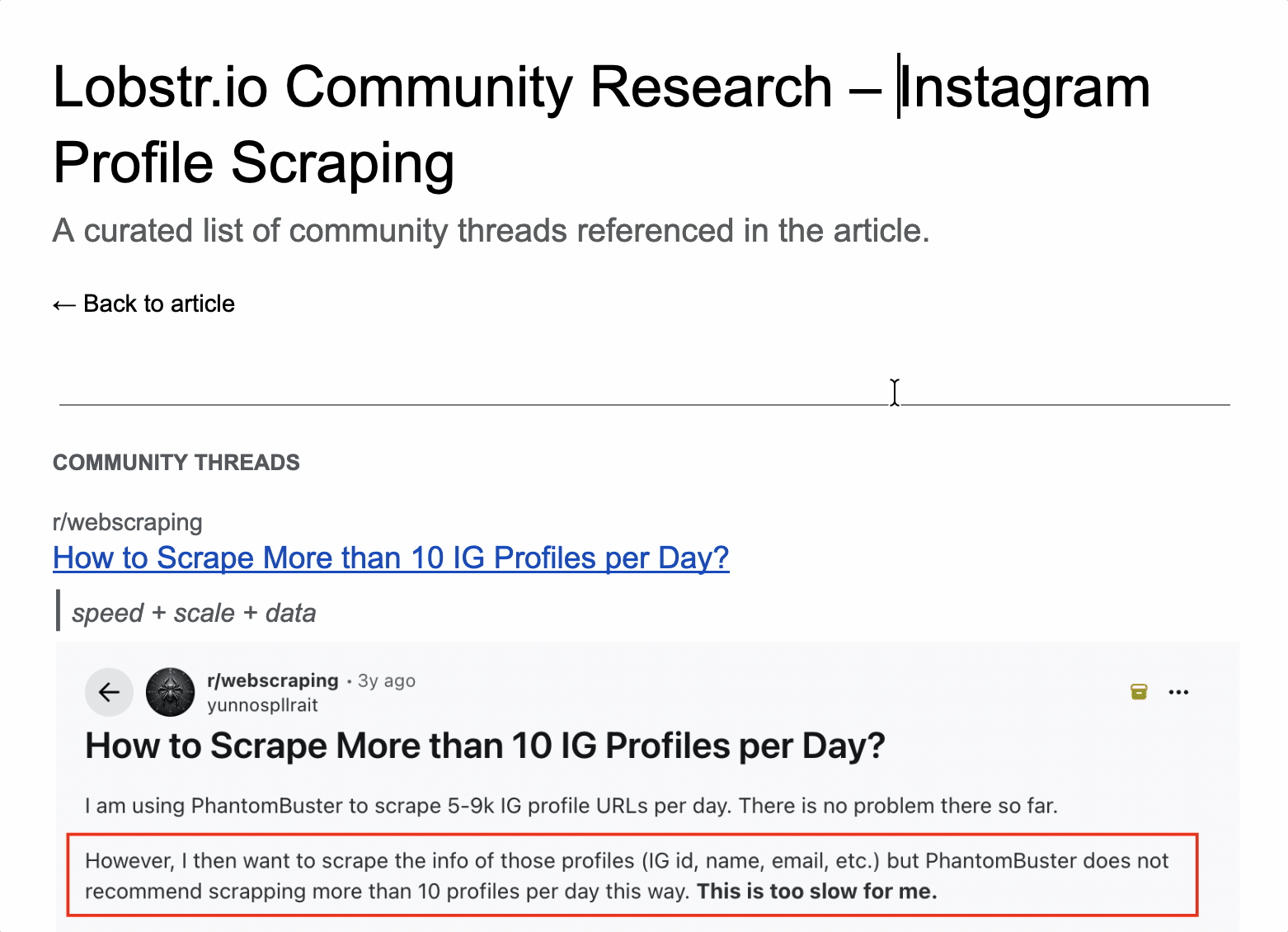 Reddit threads on Instagram scraping, null email fields, slow APIs, broken parameters