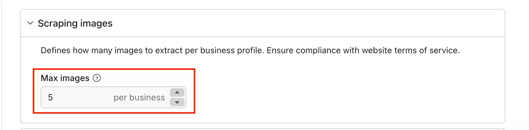 Apify Yelp scraper image scraping toggle showing how many images to pull per business profile