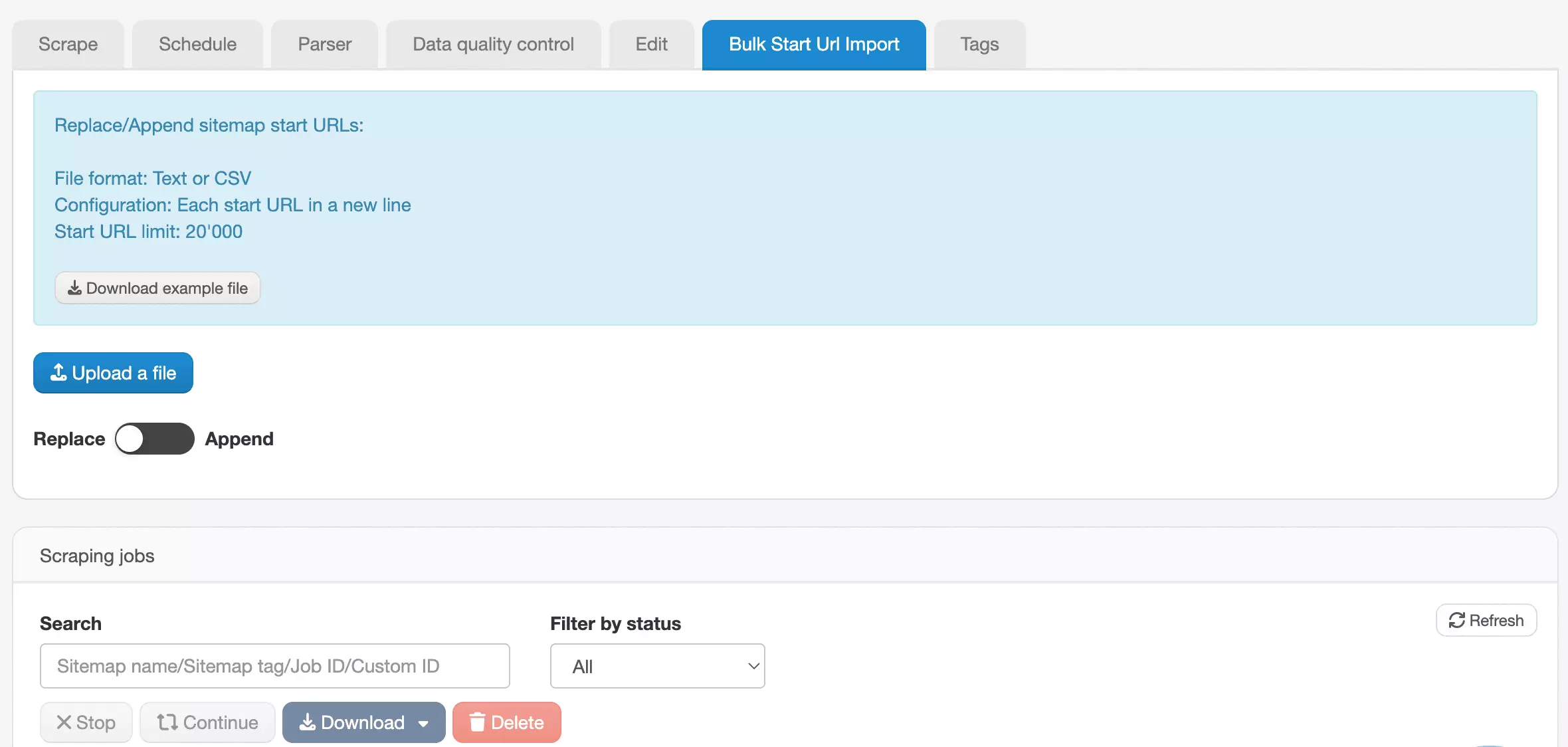 WebScraper.io bulk URL import interface