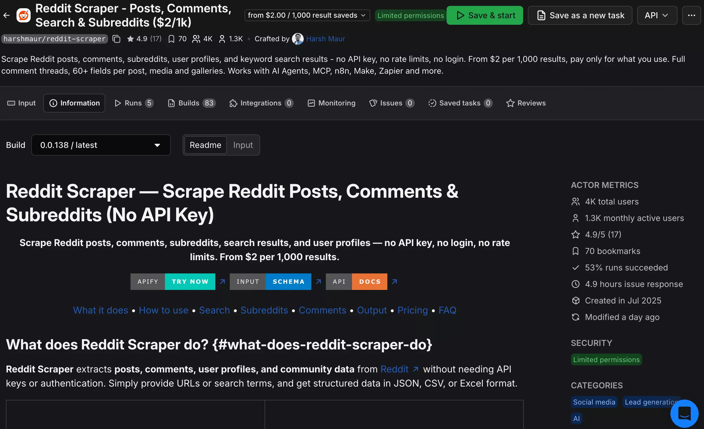 Apify Reddit Scraper actor homepage — pay-per-event pricing with the most active monthly users