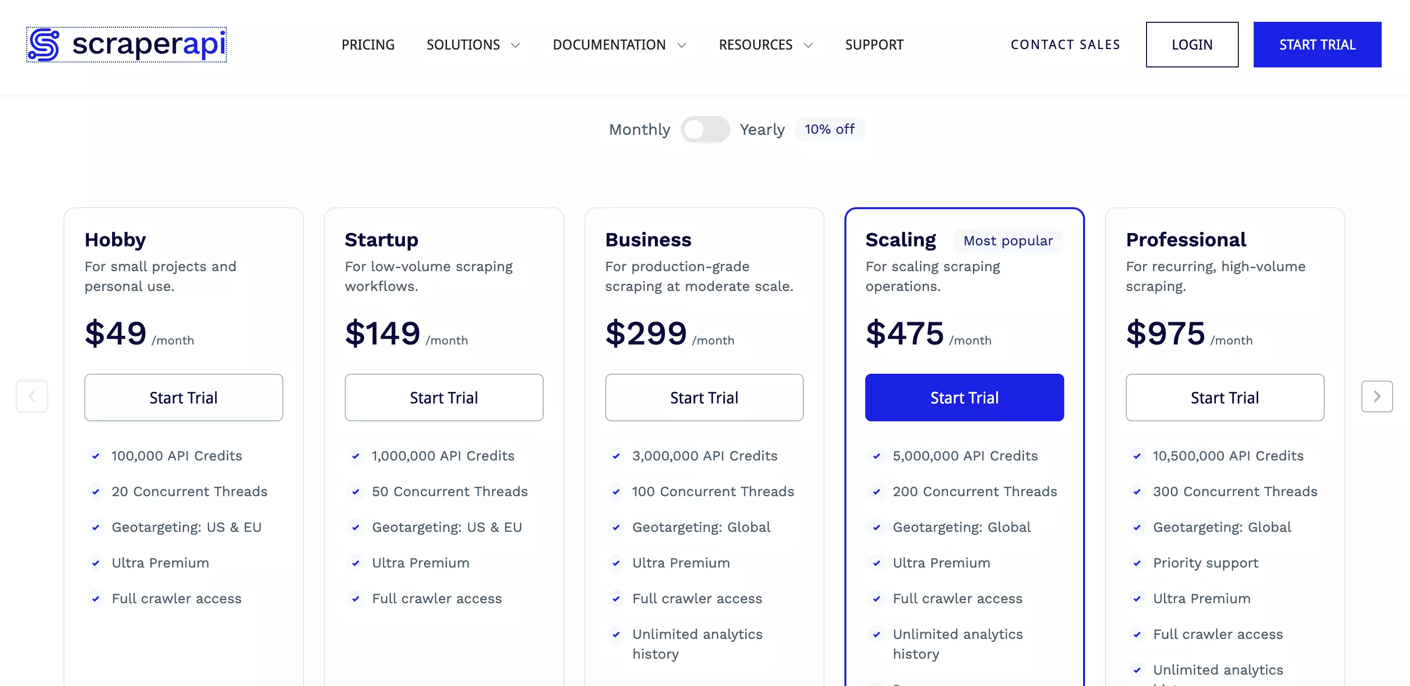 ScraperAPI pricing — credit-based model with Hobby and Business plans
