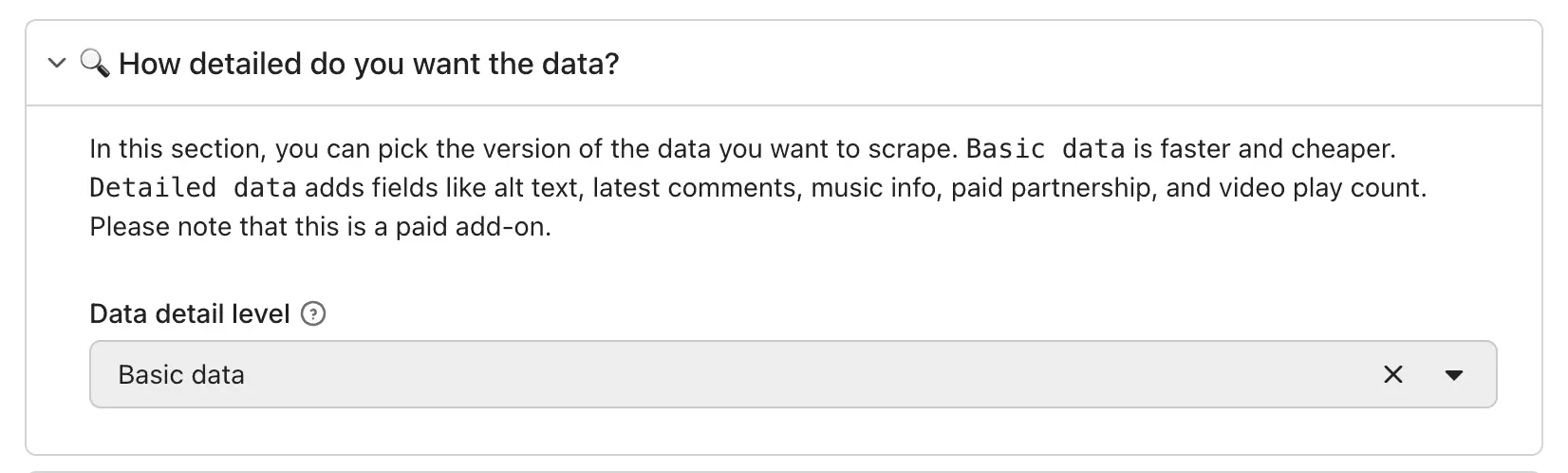 Apify Instagram Post Scraper data detail level setting