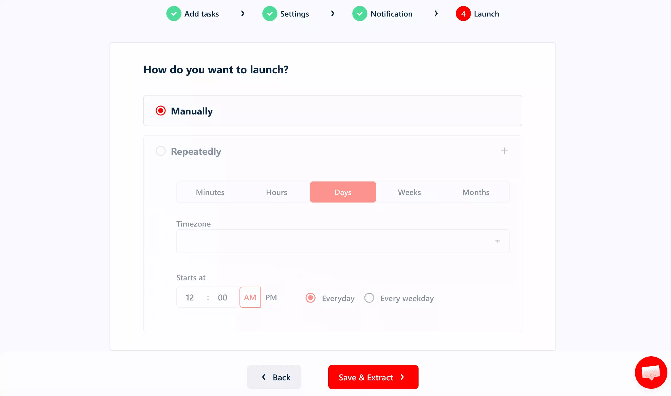 lobstr.io launch settings — manual and recurring run options