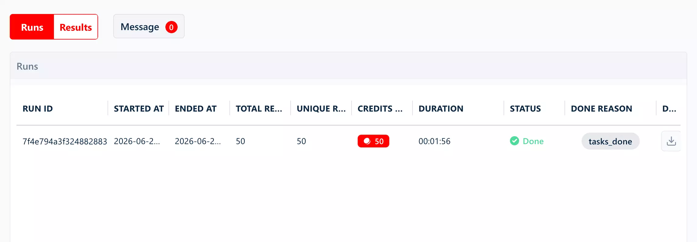 lobstr.io run results, 50 profiles collected in 116 seconds