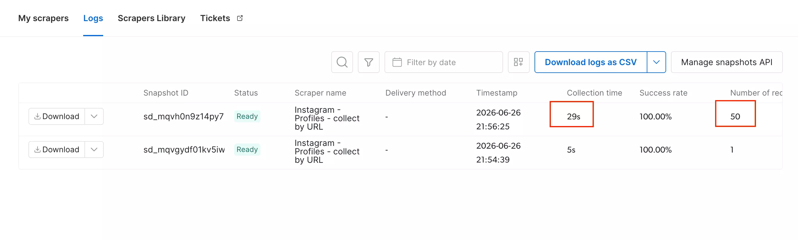 Bright Data run results, 50 profiles collected in 29 seconds