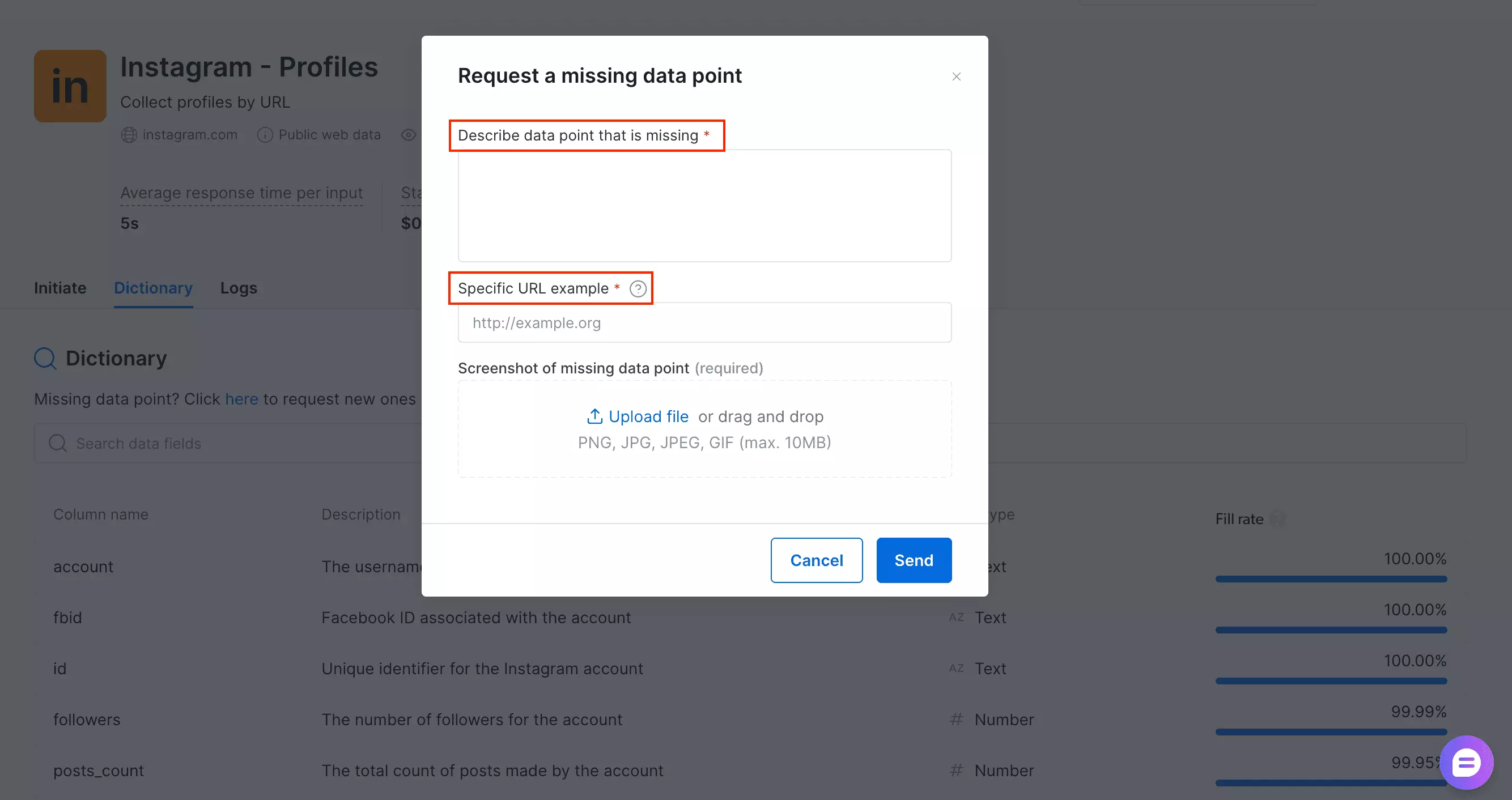 Bright Data Request missing data option