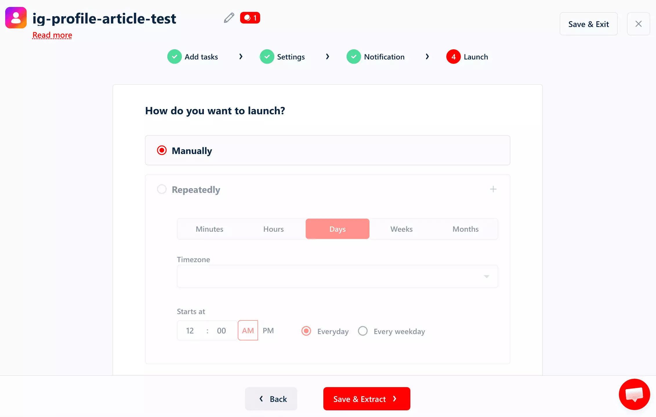 lobstr.io scheduling settings, manual and recurring run options