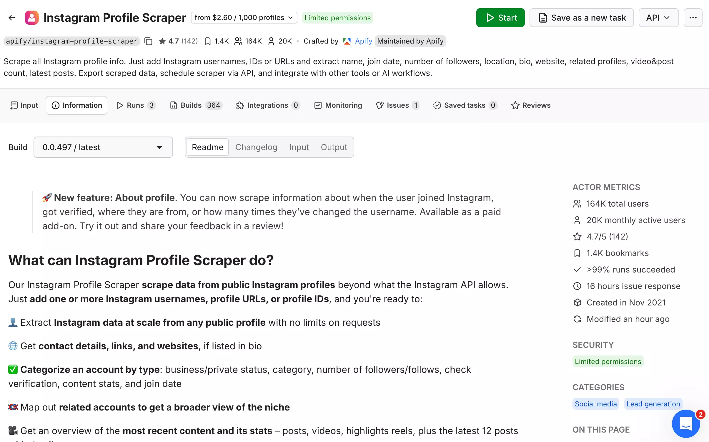 Apify actor page for Instagram Profile Scraper