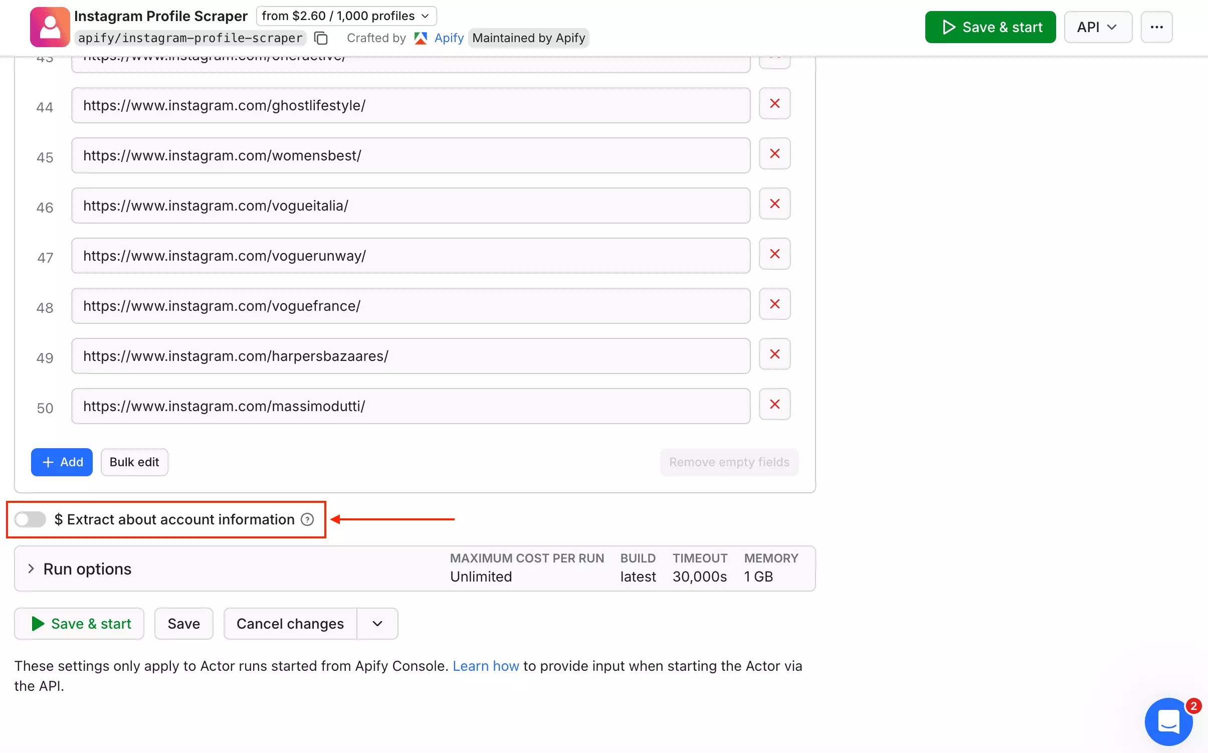 Apify includeAboutSection toggle