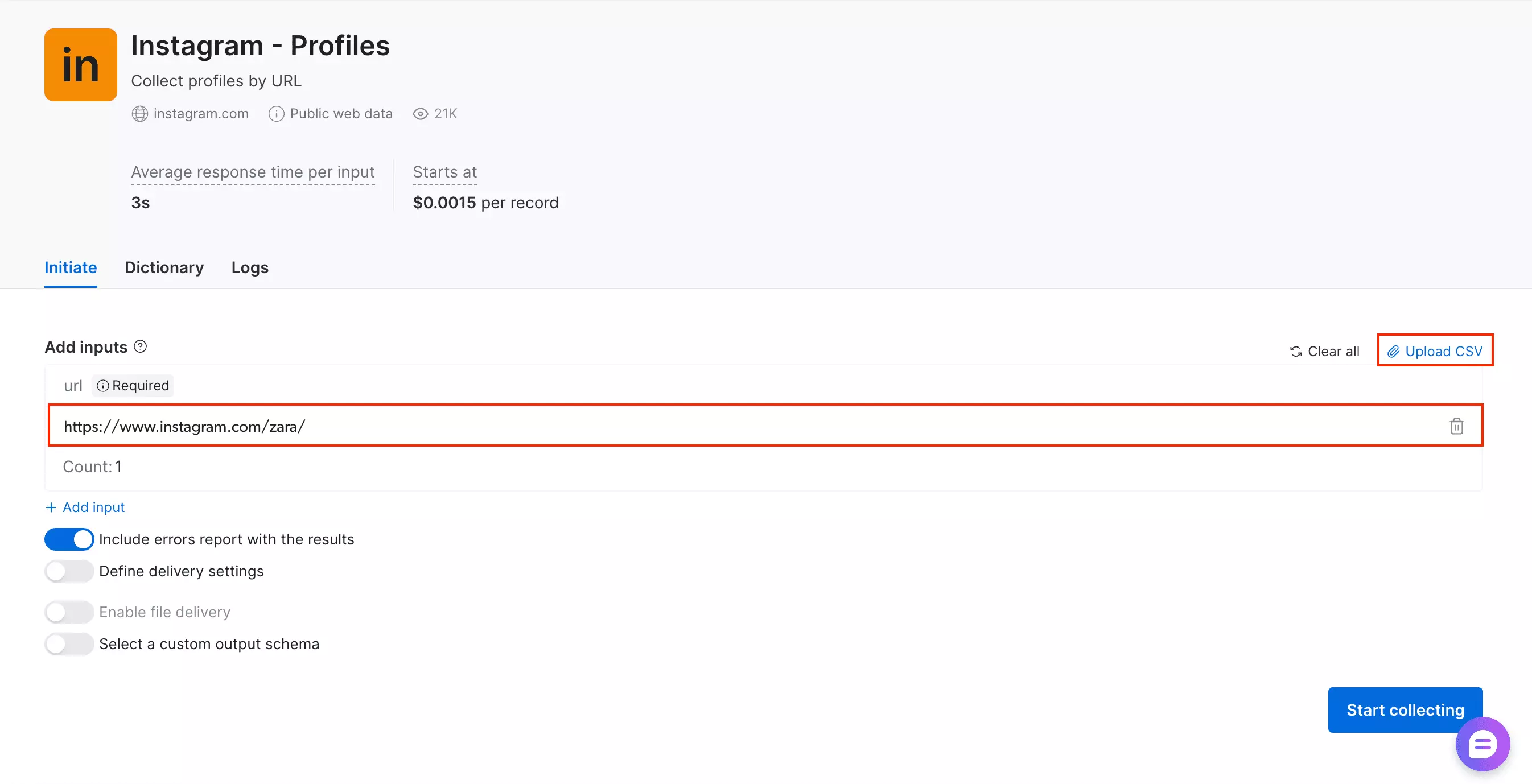 Bright Data UI, CSV upload