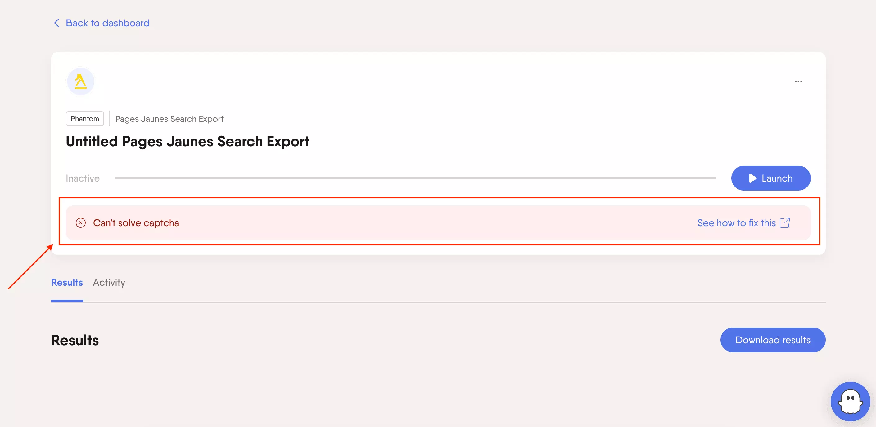 PhantomBuster run failing with a CAPTCHA error