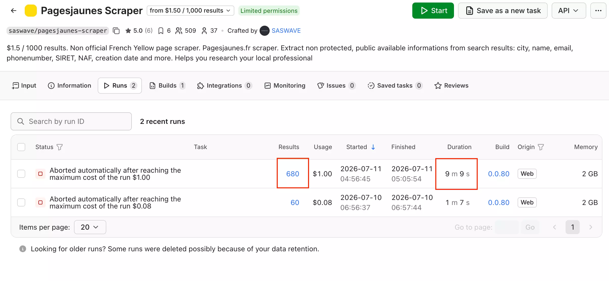 Apify speed test results, 680-result run