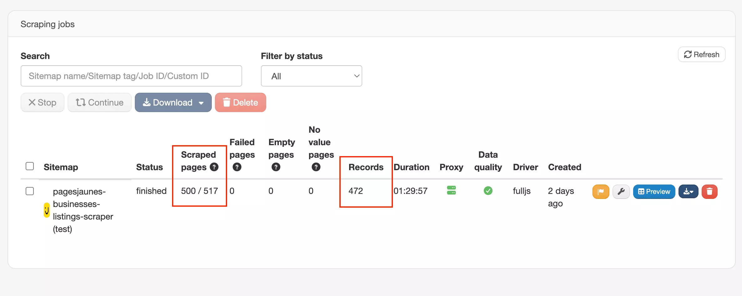 WebScraper.io scraping job showing pages loaded and records