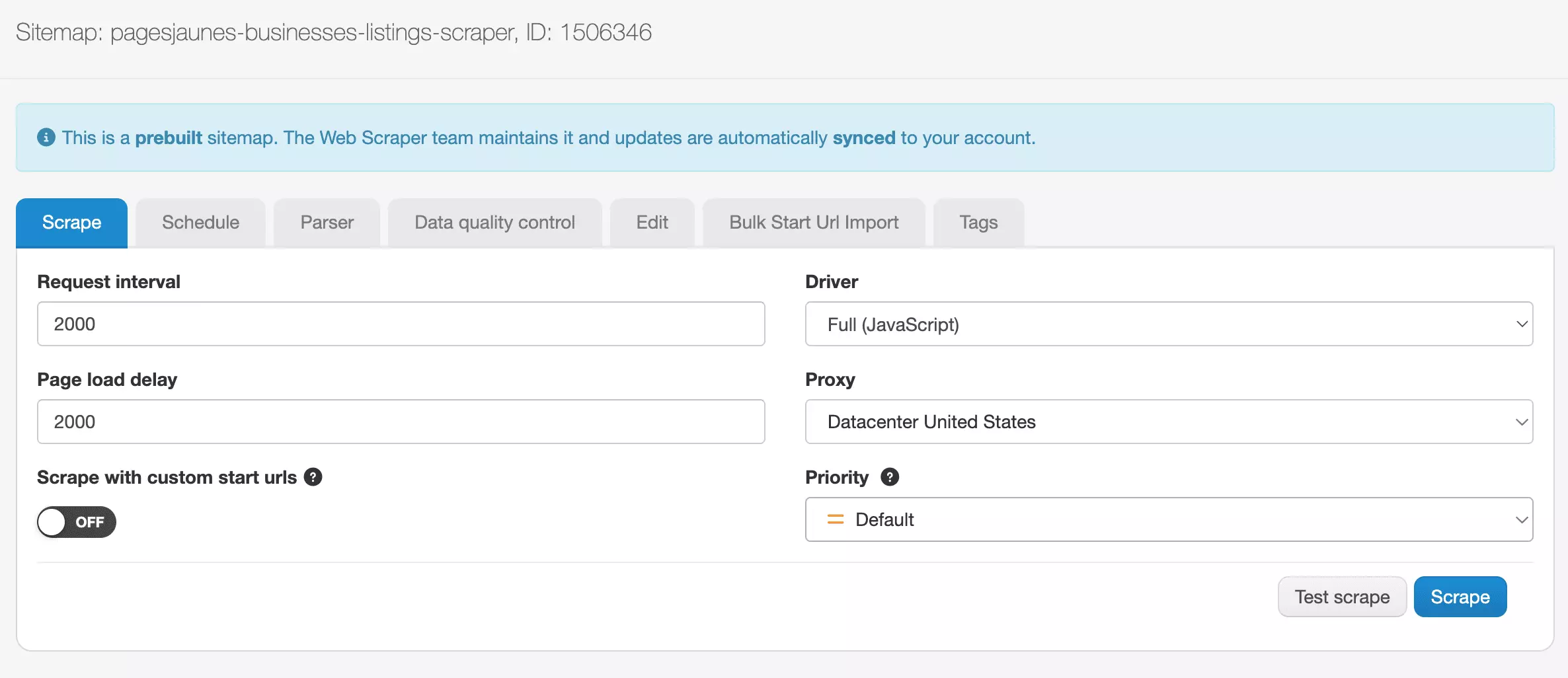 WebScraper.io scrape settings