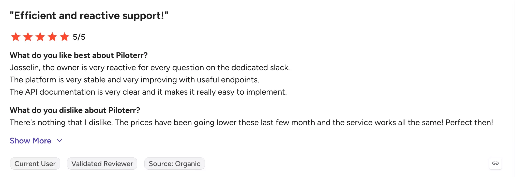 G2 review highlighting Piloterr's support