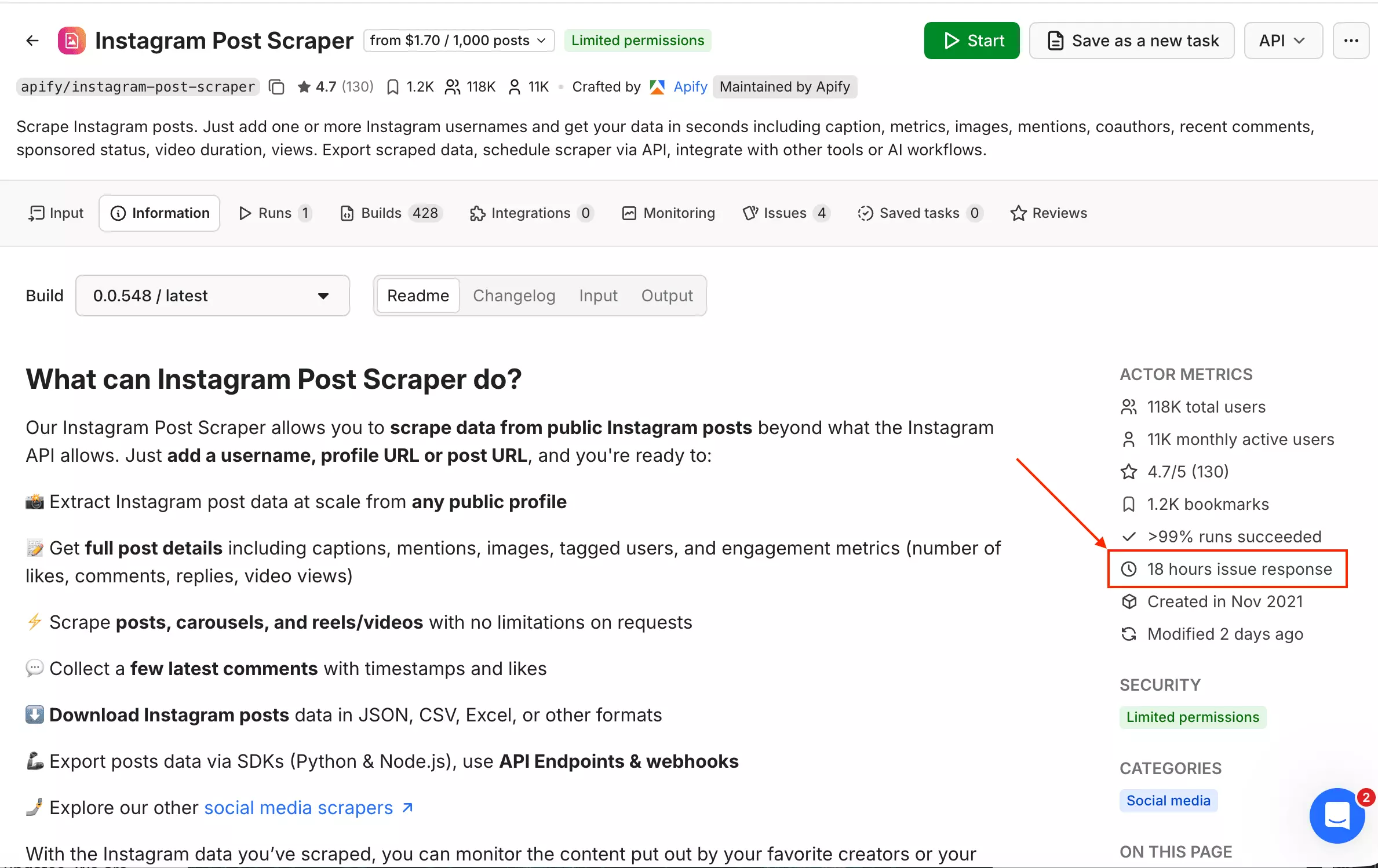 Apify actor issue response time showing 18-hour average