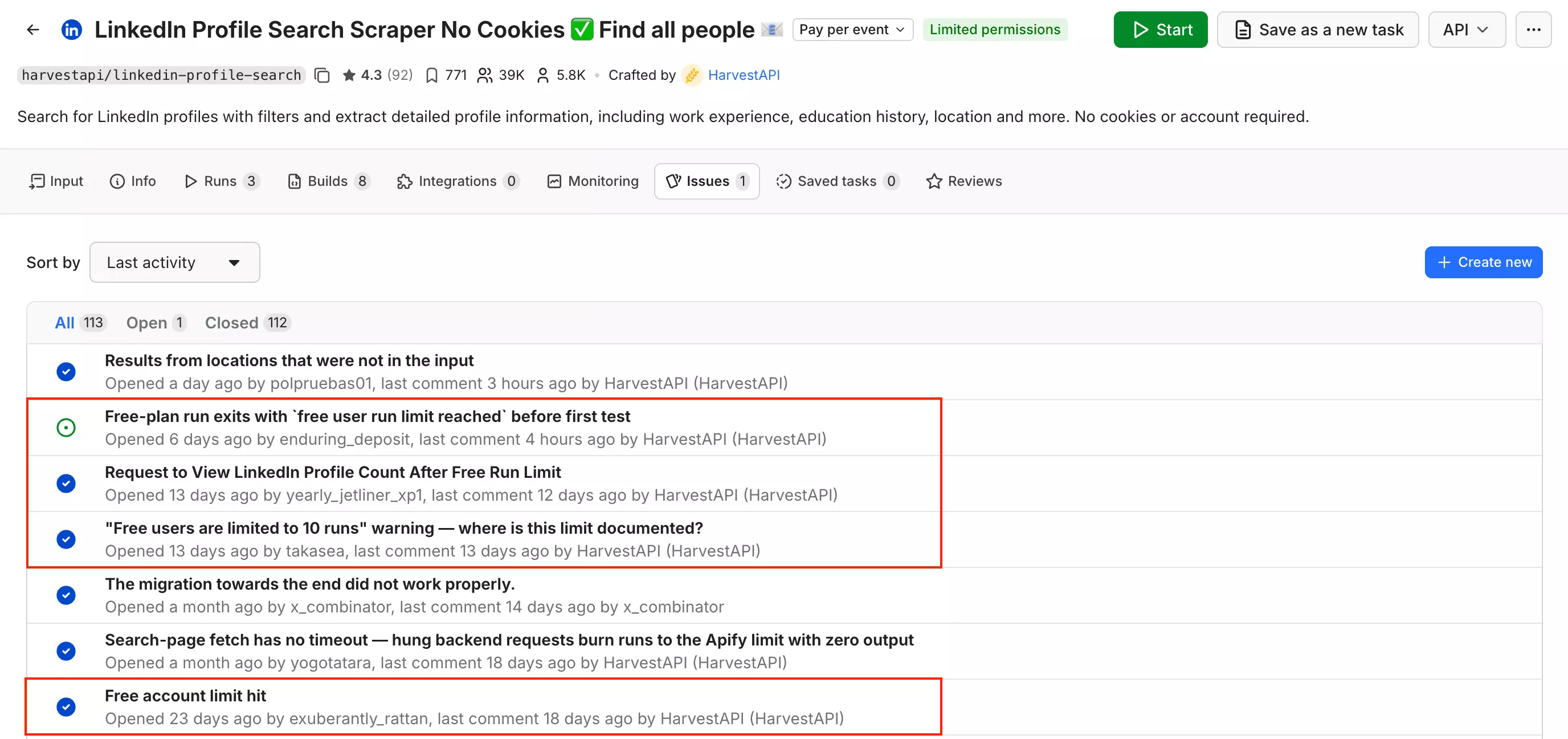 HarvestAPI Apify Issues tab showing 111 of 112 issues closed
