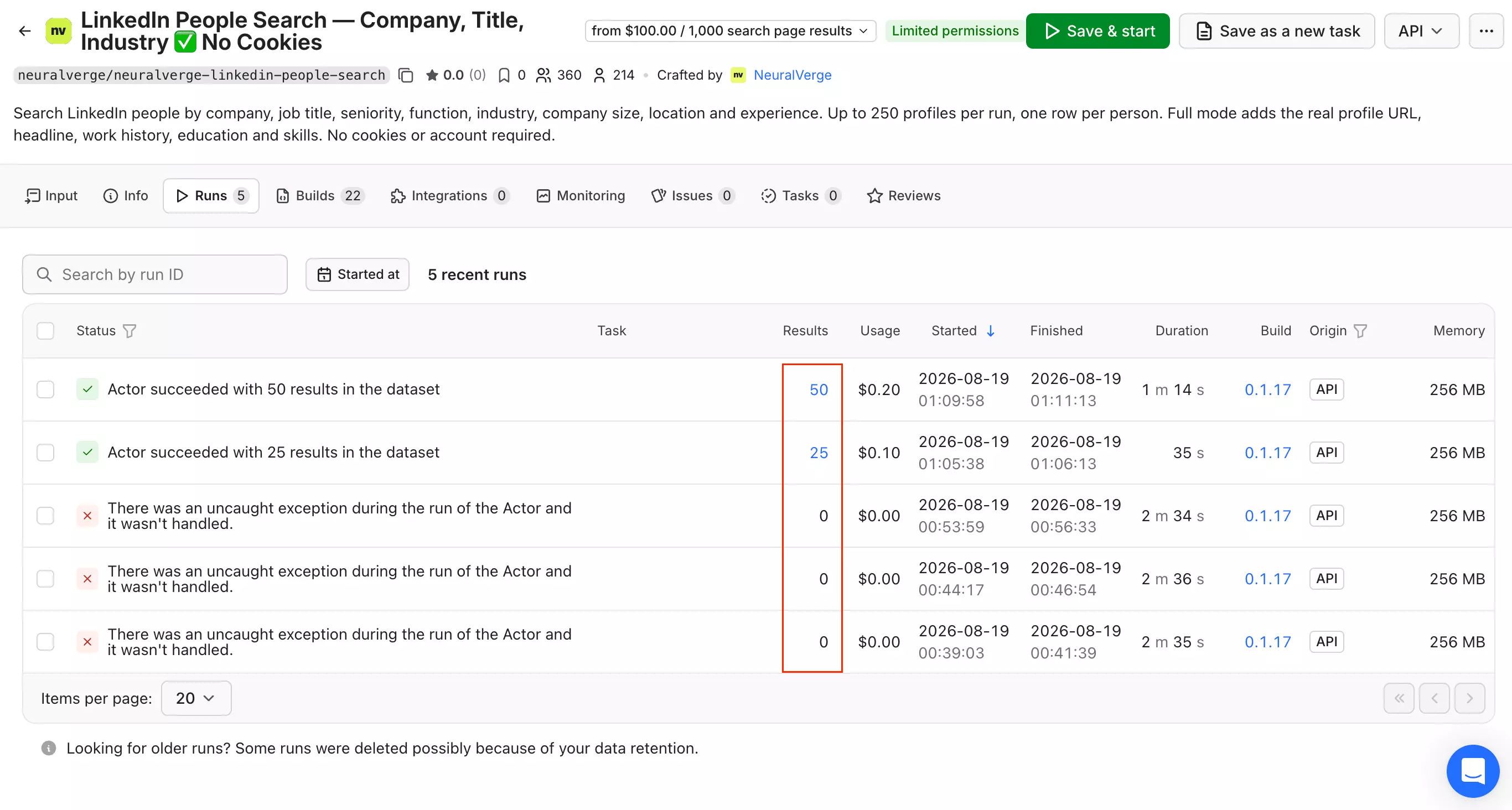 Neuralverge run returning zero results with a 504 timeout
