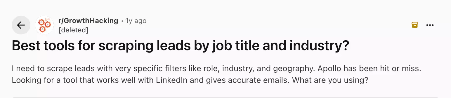 Reddit post asking for the best LinkedIn leads scraper with job title and location filters