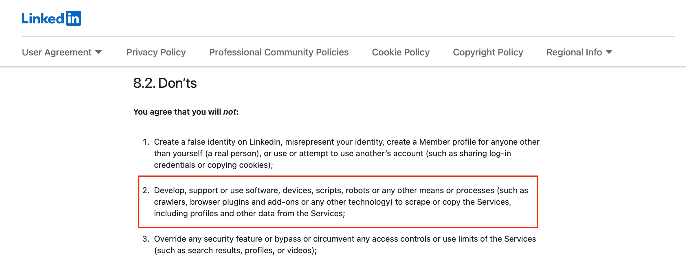 LinkedIn User Agreement Section 8.2, prohibiting scraping, crawlers and browser plugins