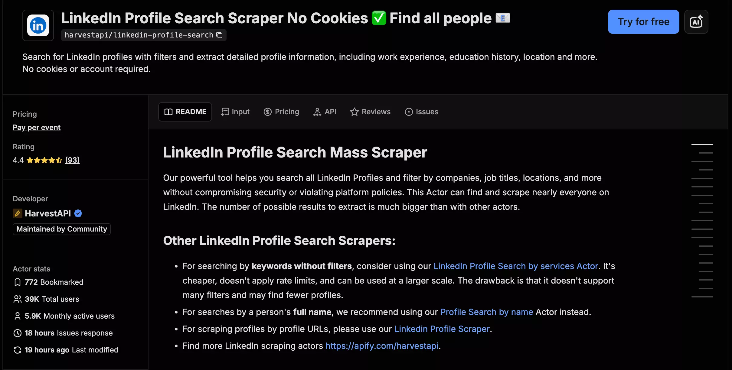 HarvestAPI LinkedIn Profile Search Scraper page on the Apify Store