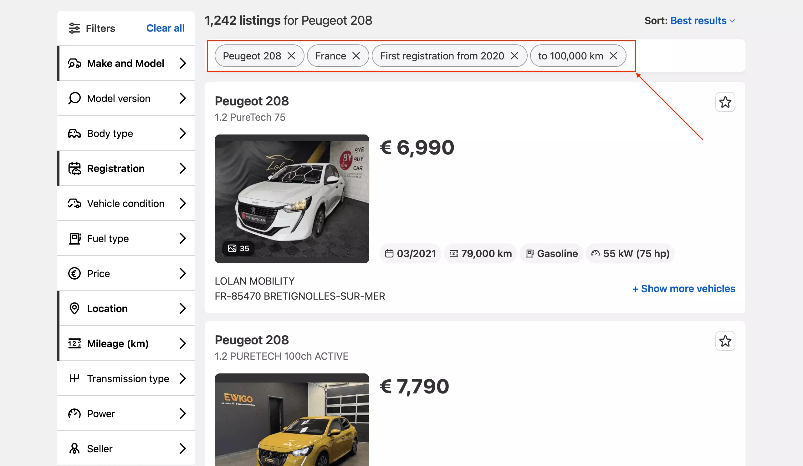 Die für den Benchmark genutzte AutoScout24-Suche: Peugeot 208 in Frankreich, Erstzulassung ab 2020, unter 100.000 km