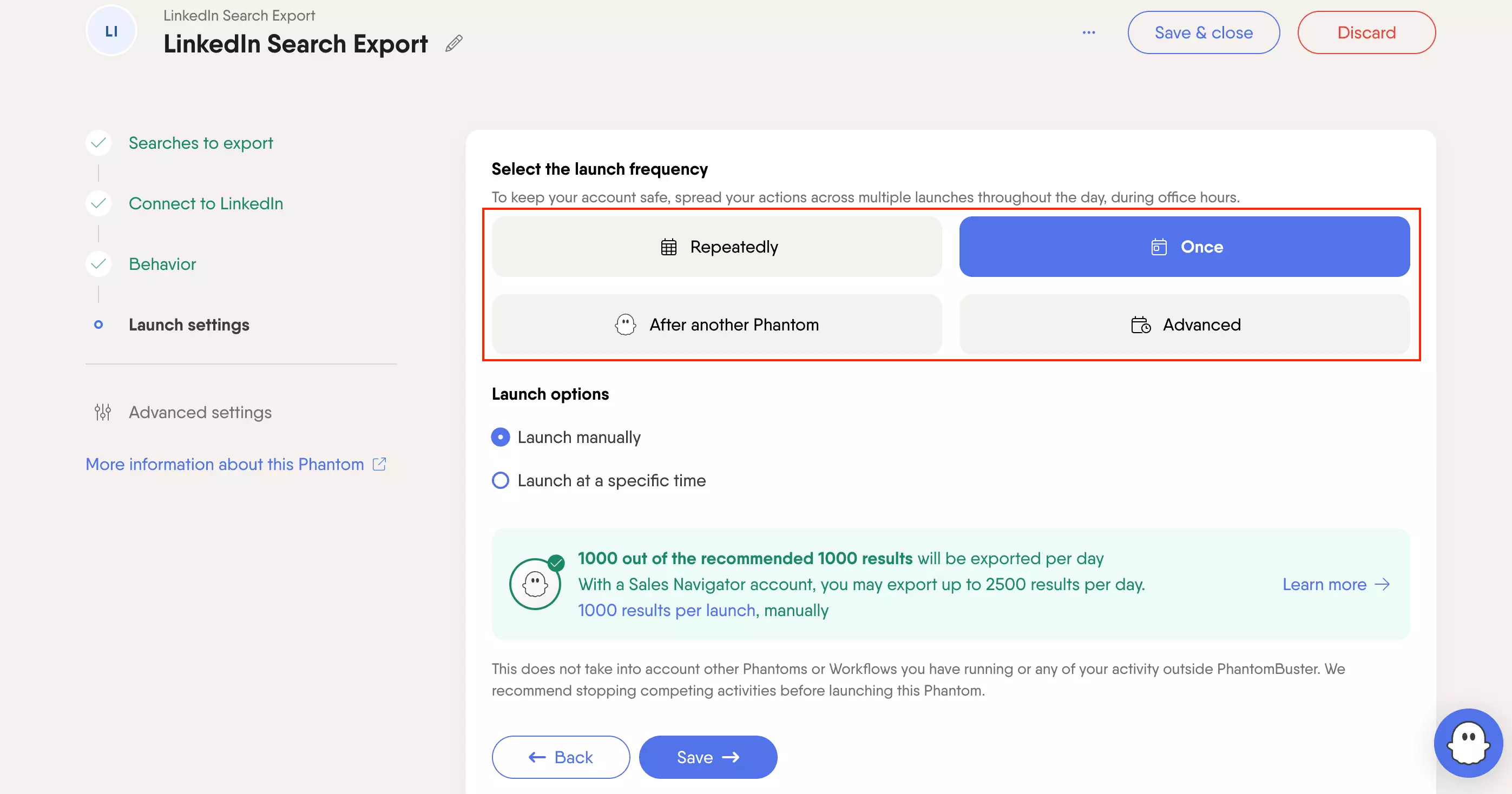 PhantomBuster scheduling interface for setting how often a Phantom launches