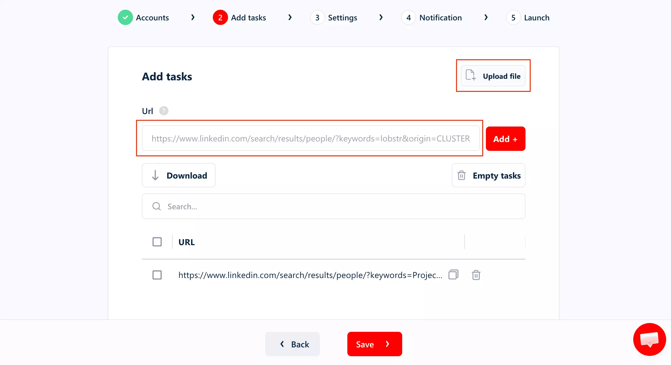 Pasting a LinkedIn people-search URL into lobstr.io, or uploading tasks in bulk