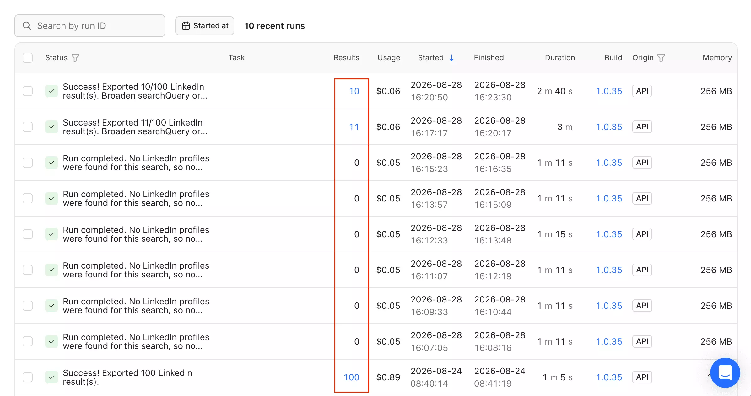 fabri-lab run returning 11 records against a 100-record baseline