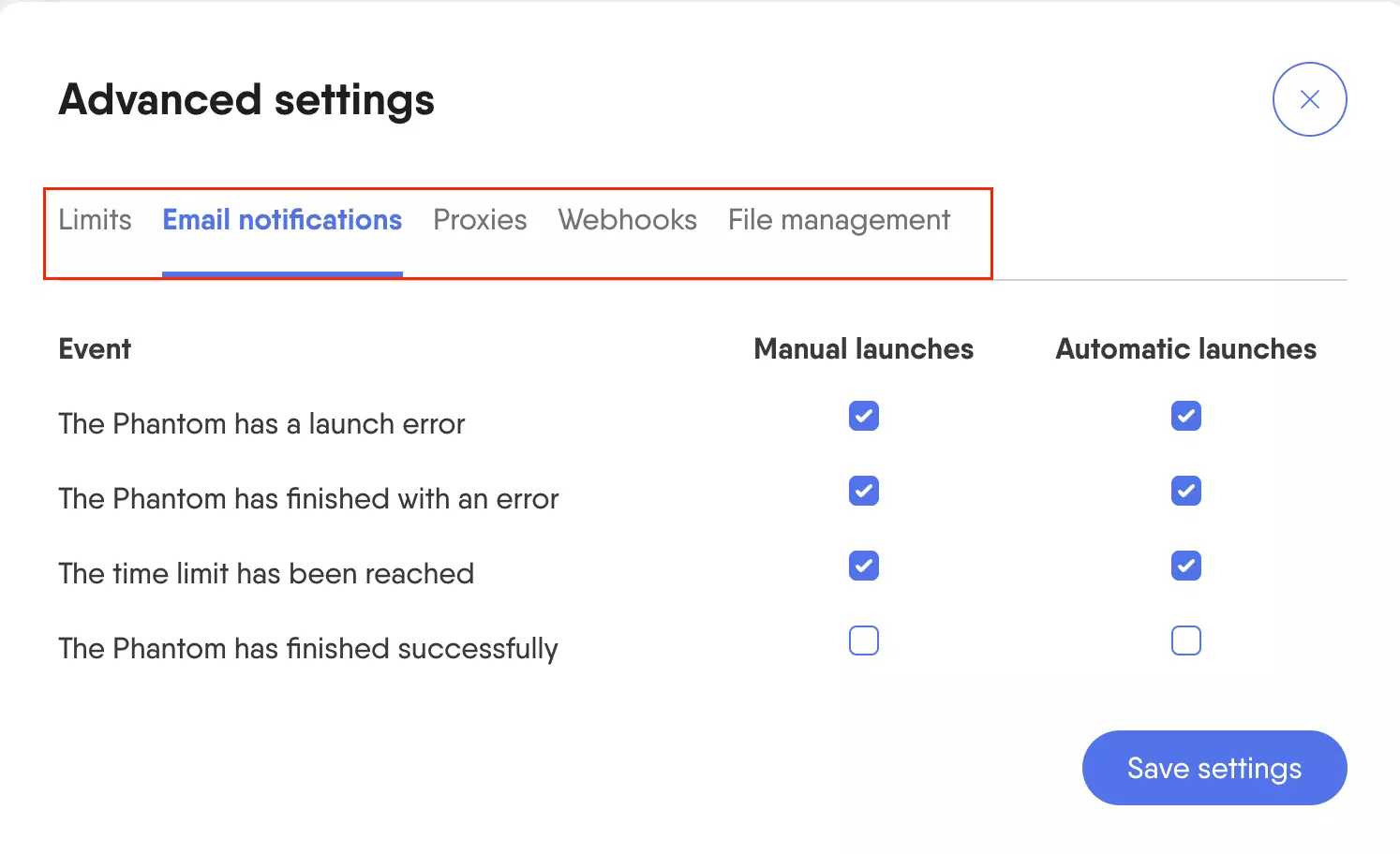 PhantomBuster advanced settings: output file, notifications and file management