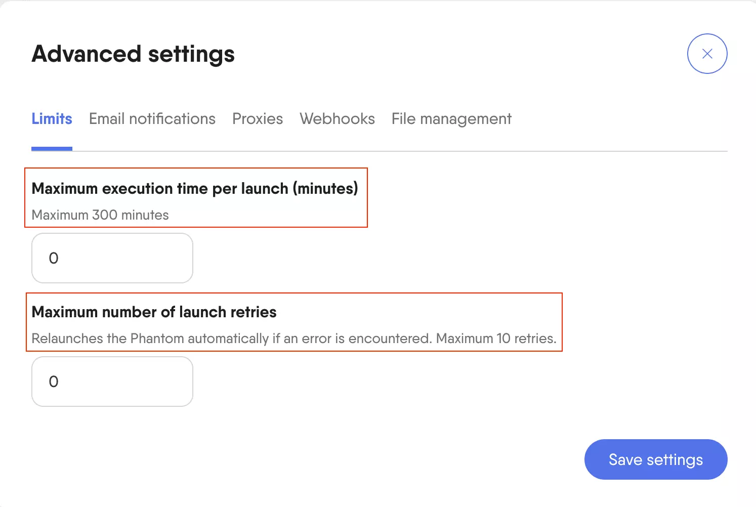 PhantomBuster retry and execution settings