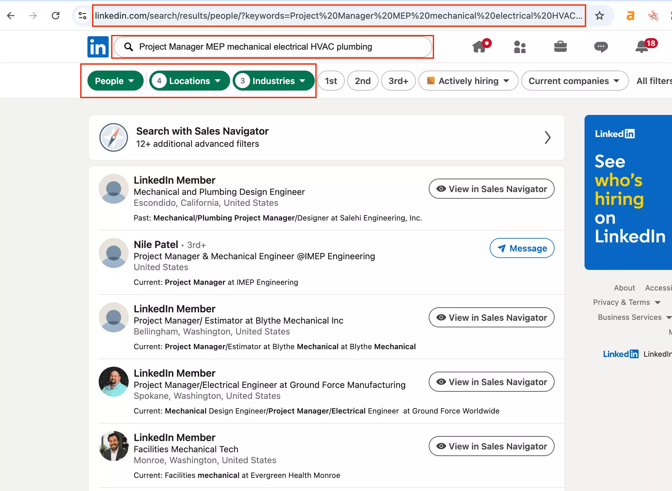 The LinkedIn people search used for the benchmark: MEP project managers across CA, NV, OR and WA