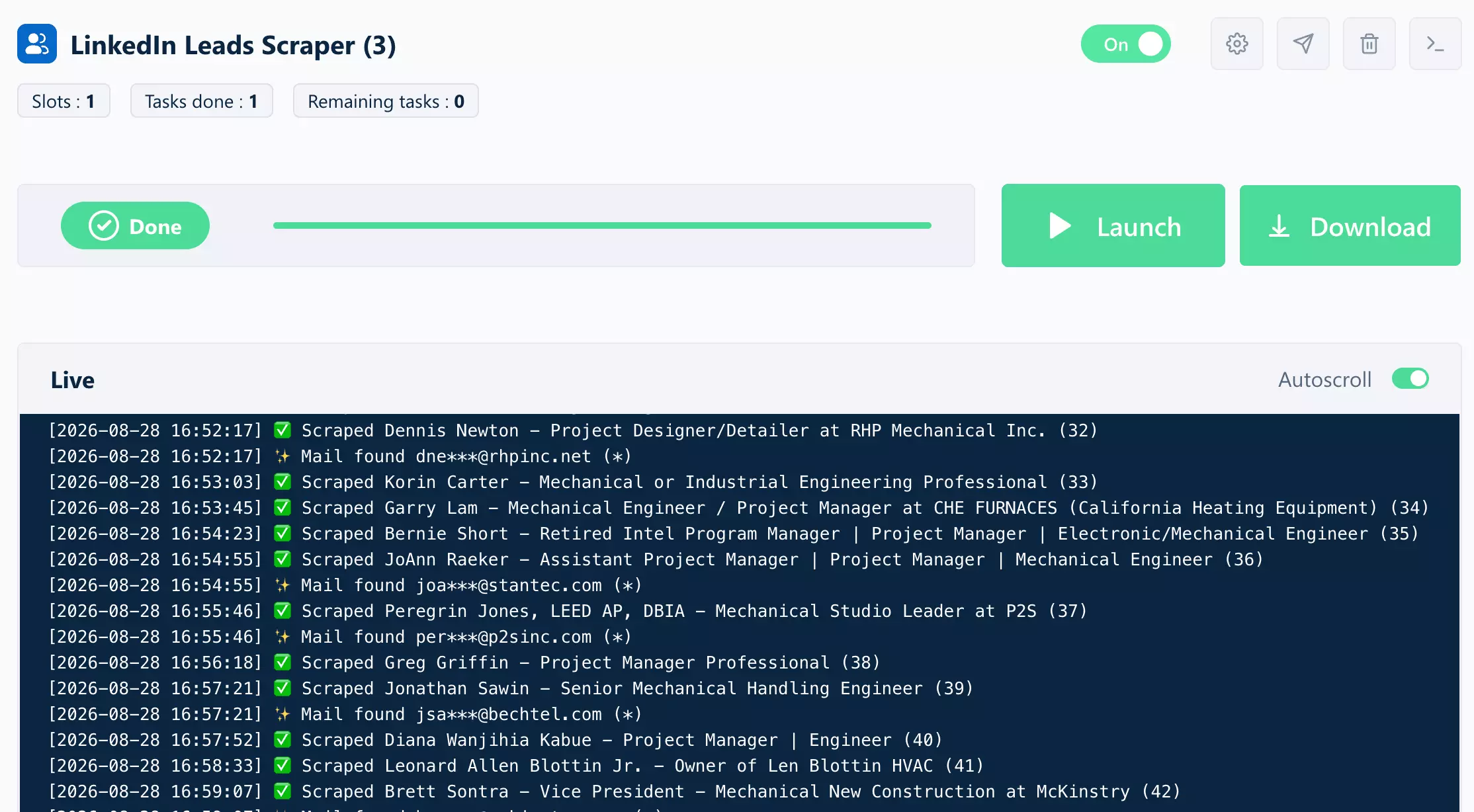 lobstr.io live progress console showing a run in progress